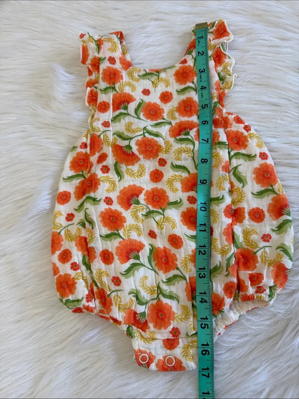 Angel Dear Muslin Orange Marigold Ruffle Sun Bubble Baby Romper Size 6-12 Month